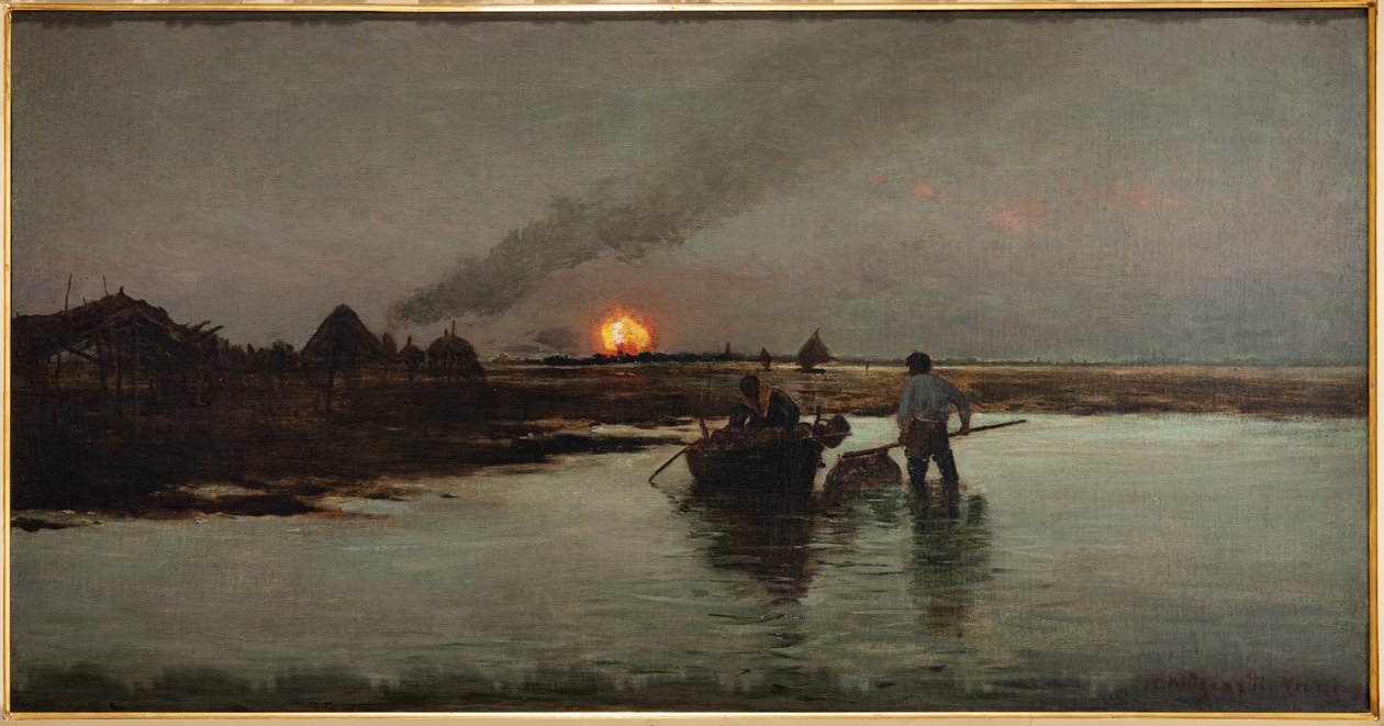 Fiske vid solnedgången (olja på duk) av Giuseppe Miti Zanetti