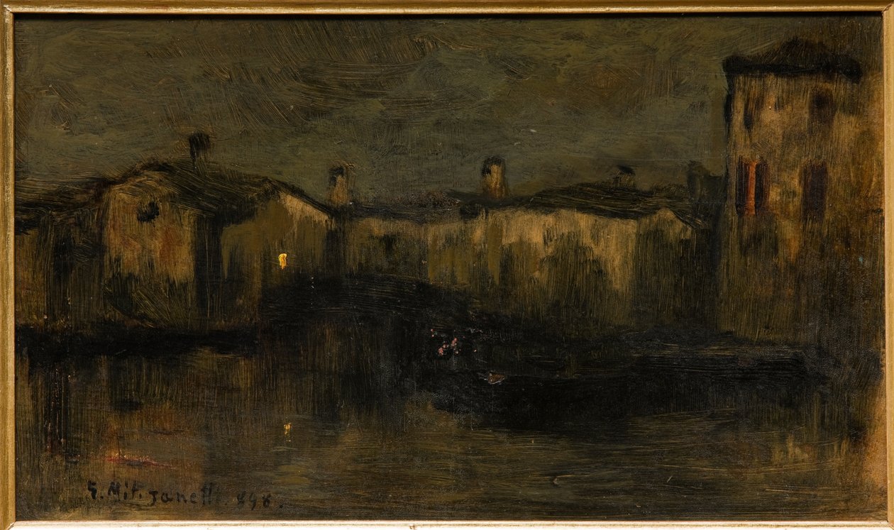 Landskap med hus (olja på kartong) av Giuseppe Miti Zanetti