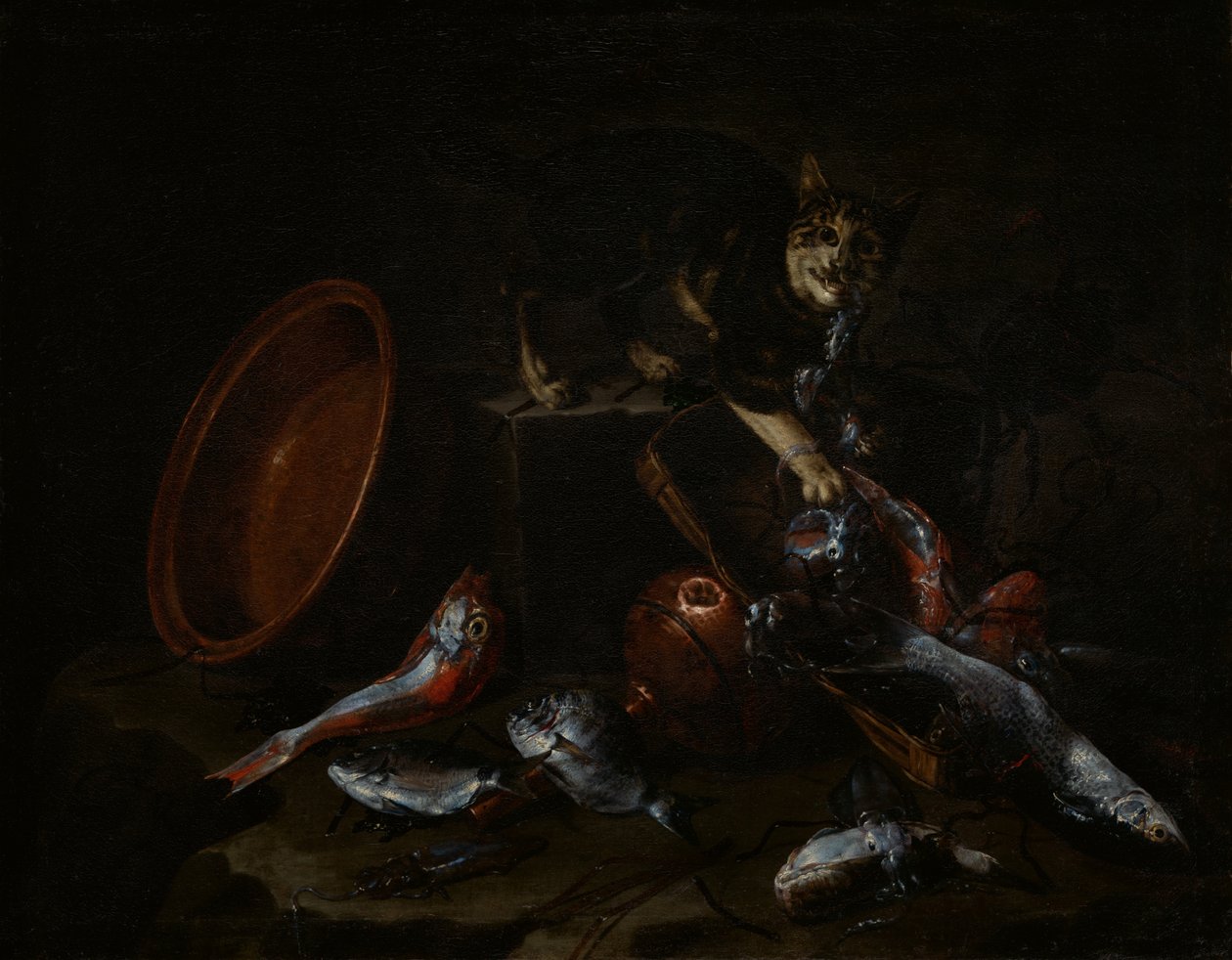 En katt som stjäl fisk, sent 1660-tal. av Giuseppe Recco