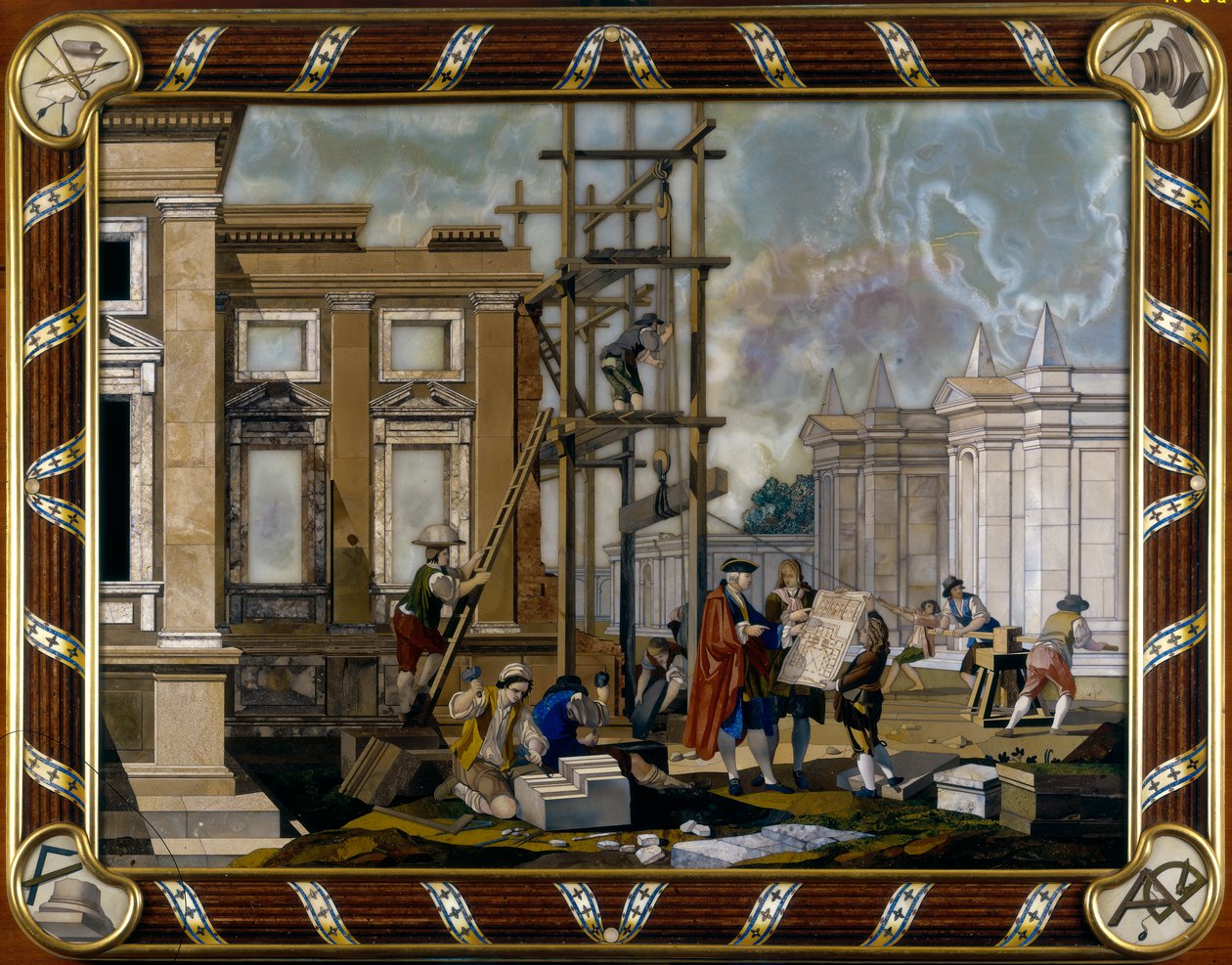 Panel i pietre dure inlay föreställande arkitektur av Giuseppe Zocchi