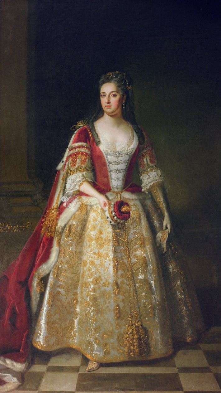 Porträtt av Angelina Magdalena (ca 1666-1736), andra hustru till 1:e Viscount St. John i kröningsdräkt, 1727 av Godfrey Kneller