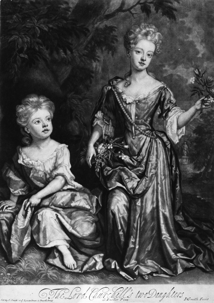 Lord Churchills två döttrar, mezzotint av John Smith, ca 1690 (mezzotint) av Godfrey Kneller