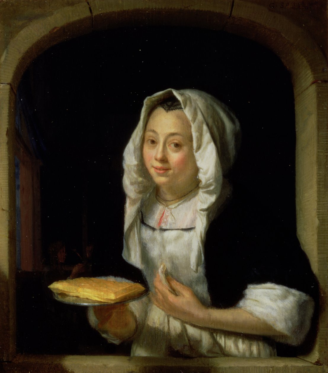 Porträtt av en piga som håller en våffla (panel) av Godfried Schalcken