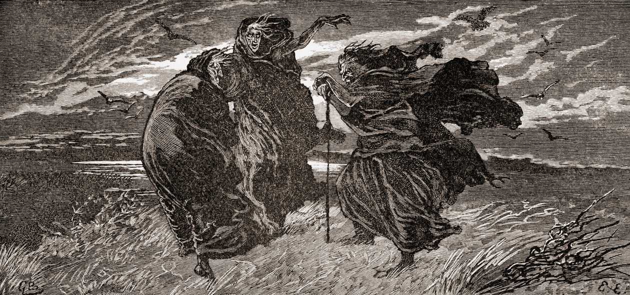 En scen från William Shakespeares pjäs Macbeth, akt I, scen I, första häxan: När skall vi tre mötas igen, i åska, blixt eller regn, ur The Works of William Shakespeare, publicerad 1896 ( av Gordon Frederick Browne