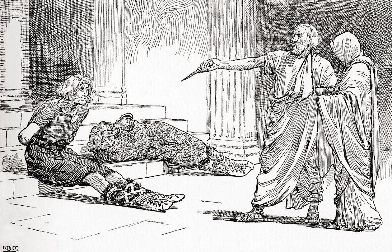 En scen från William Shakespeares pjäs Titus Andronicus, akt V, scen 2, Titus: Kom, kom, Lavinia, se, dina fiender är bundna, från The Works of William Shakespeare, utgiven 1896. av Gordon Frederick Browne