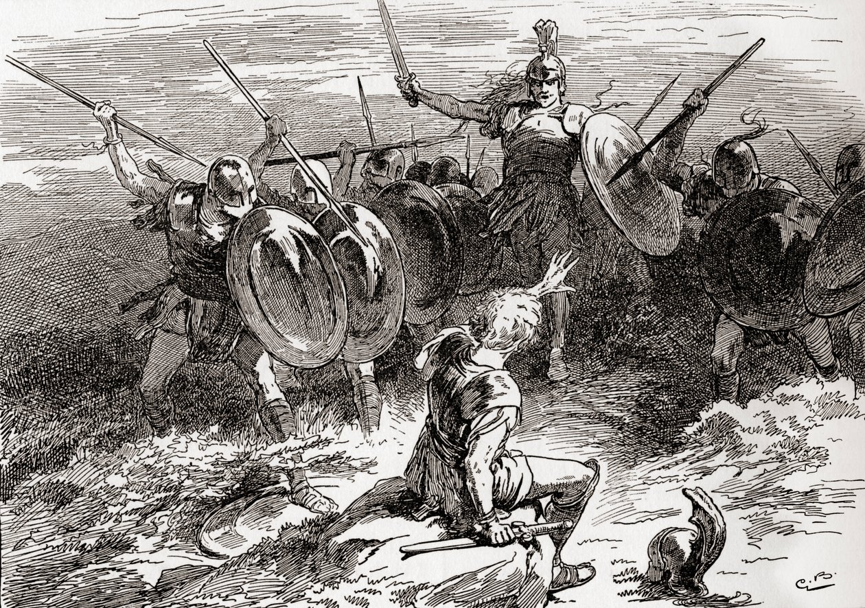 En scen från William Shakespeares pjäs Troilus och Cressida, akt V, scen 10, Akilles: Strike, fellows, strike, this is the man I seek, från The Works of William Shakespeare, utgiven 1896 (graverad av William Shakespeare). av Gordon Frederick Browne