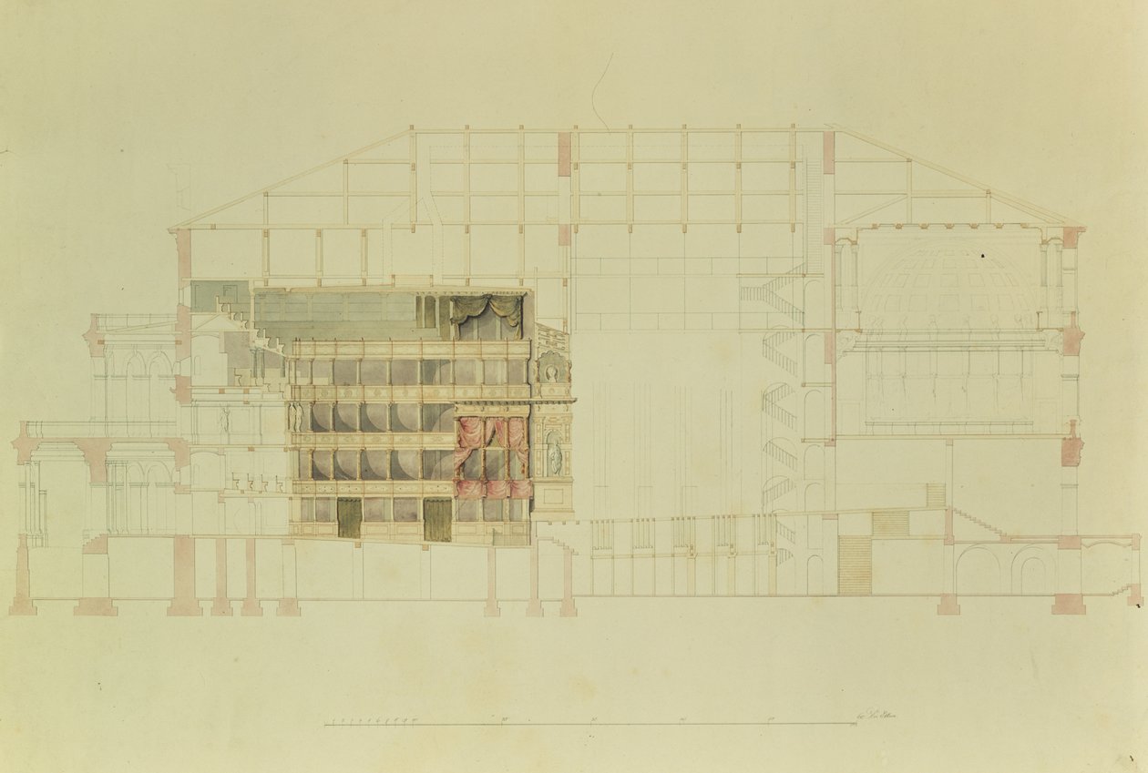Plan för Dresdens kungliga teater, ca 1838 (penna & bläck och wc på papper) av Gottfried Semper