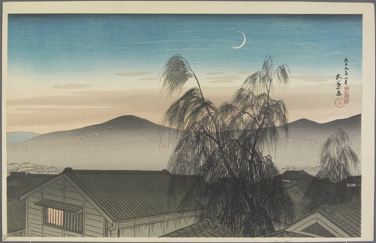 Kvällsmåne över Ko_be, januari 1920 av Goyo Hashiguchi