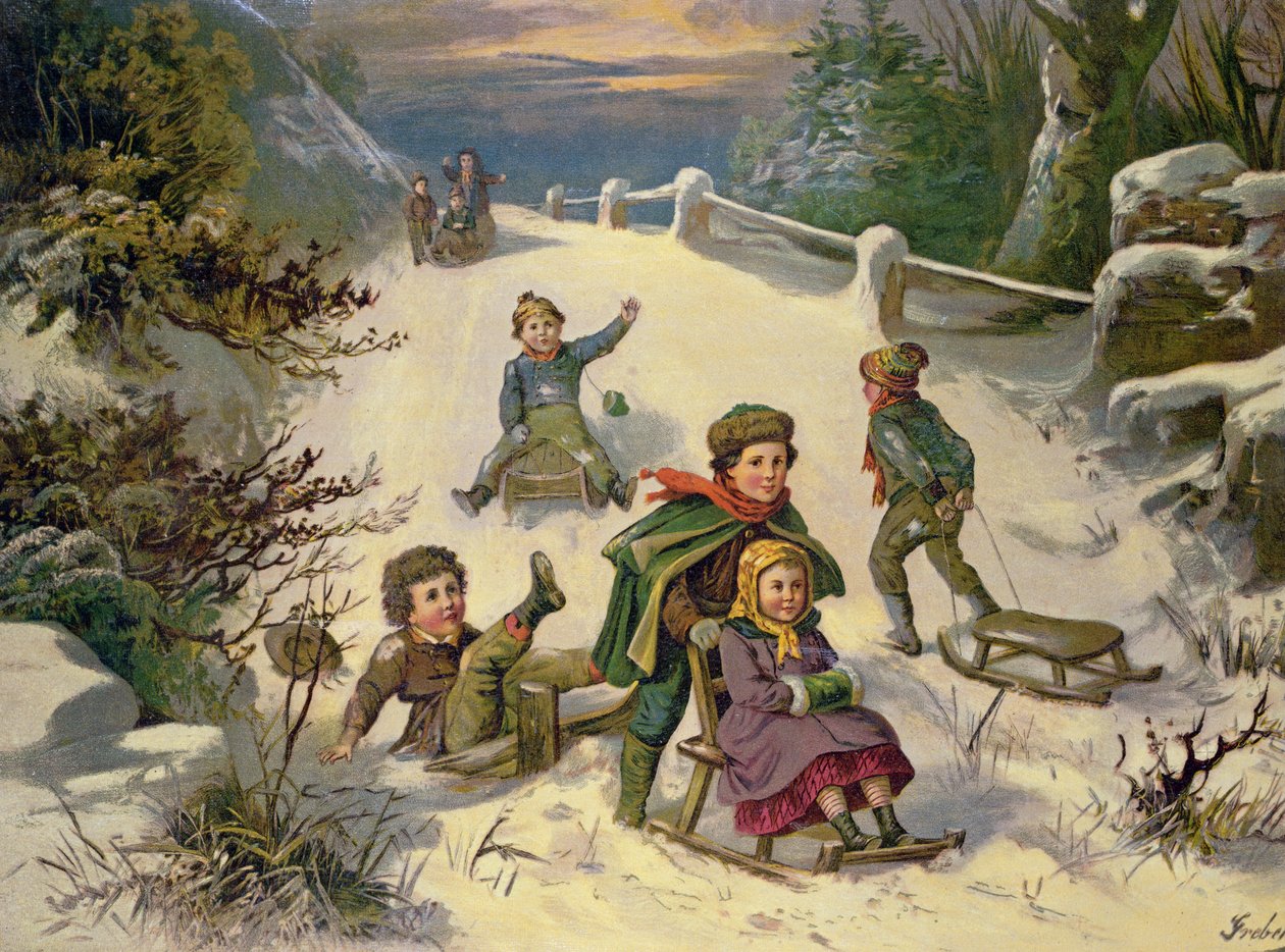 Sledging und Snowballing, 1800-tallet (Oleograph)swed av Greben