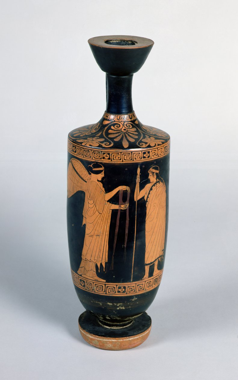 Attic Lekythos, föreställande en nike (bevingad seger) som erbjuder en krans till en ungdom, c.480-470 f.Kr. (keramik) av Greek