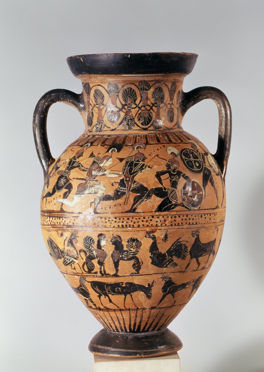 Attic black figure amphora depicting warriors fighting and fantastical animals (ceramic) av Greek