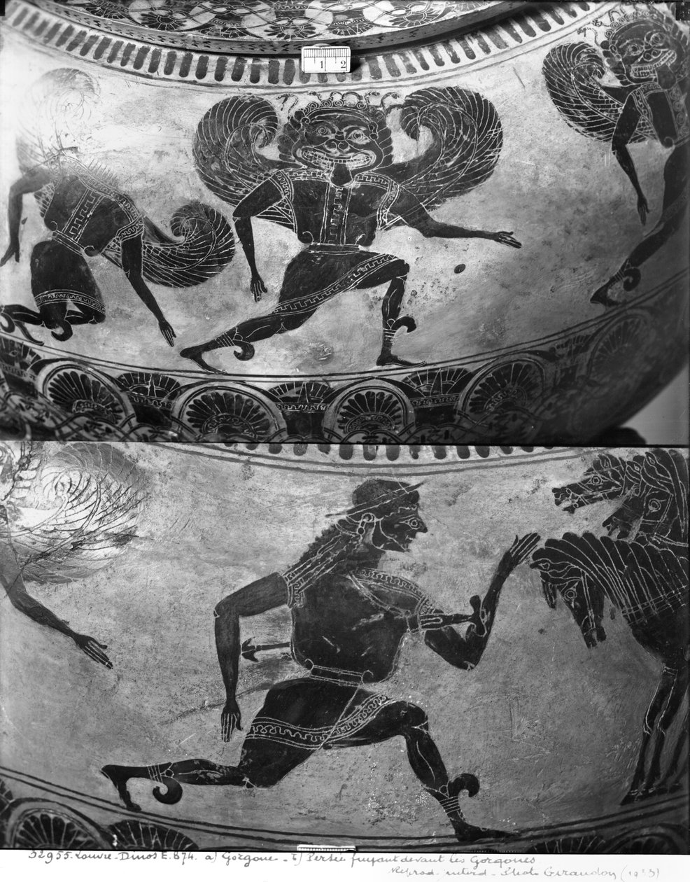 Attic svart-figur dinos föreställer Perseus flyr från Gorgons, c.590 BC (keramik) av Greek
