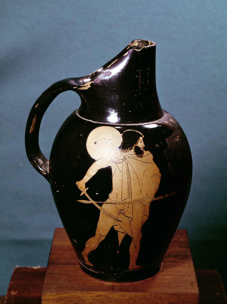 Attisk rödfigurig oinochoe föreställande Odysseus som förföljer trollkvinnan Circe med sitt svärd (keramik) (se även 279363) av Greek