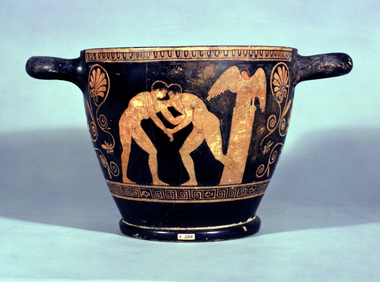 Attic rödfigurerad kotyle dekorerad med två brottare, från Chiusi (keramik) av Greek