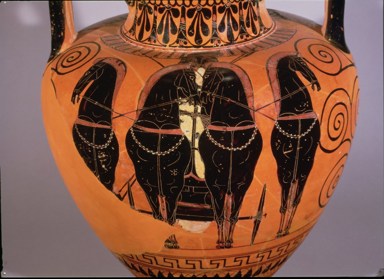 Amfora med svart figur som föreställer en quadriga (keramik) av Greek