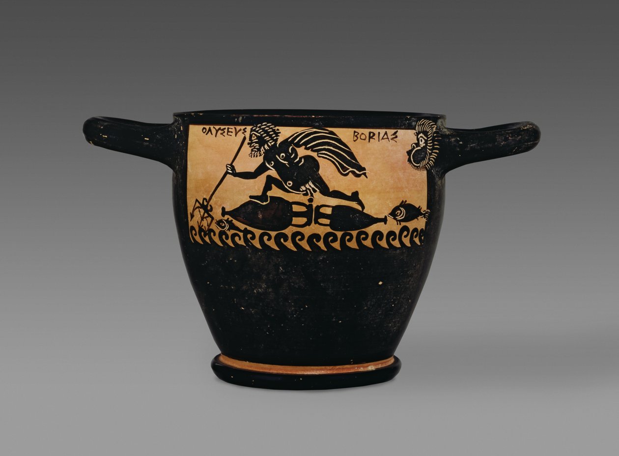 Boeotisk svartfigur skyphos, dekorerad med en scen av Odysseus som blåses över havet av Boreas, från Mystae-målarens verkstad, Thebe, Boeotia, sent 500-tal f.Kr. (keramik) (för ver. av Greek