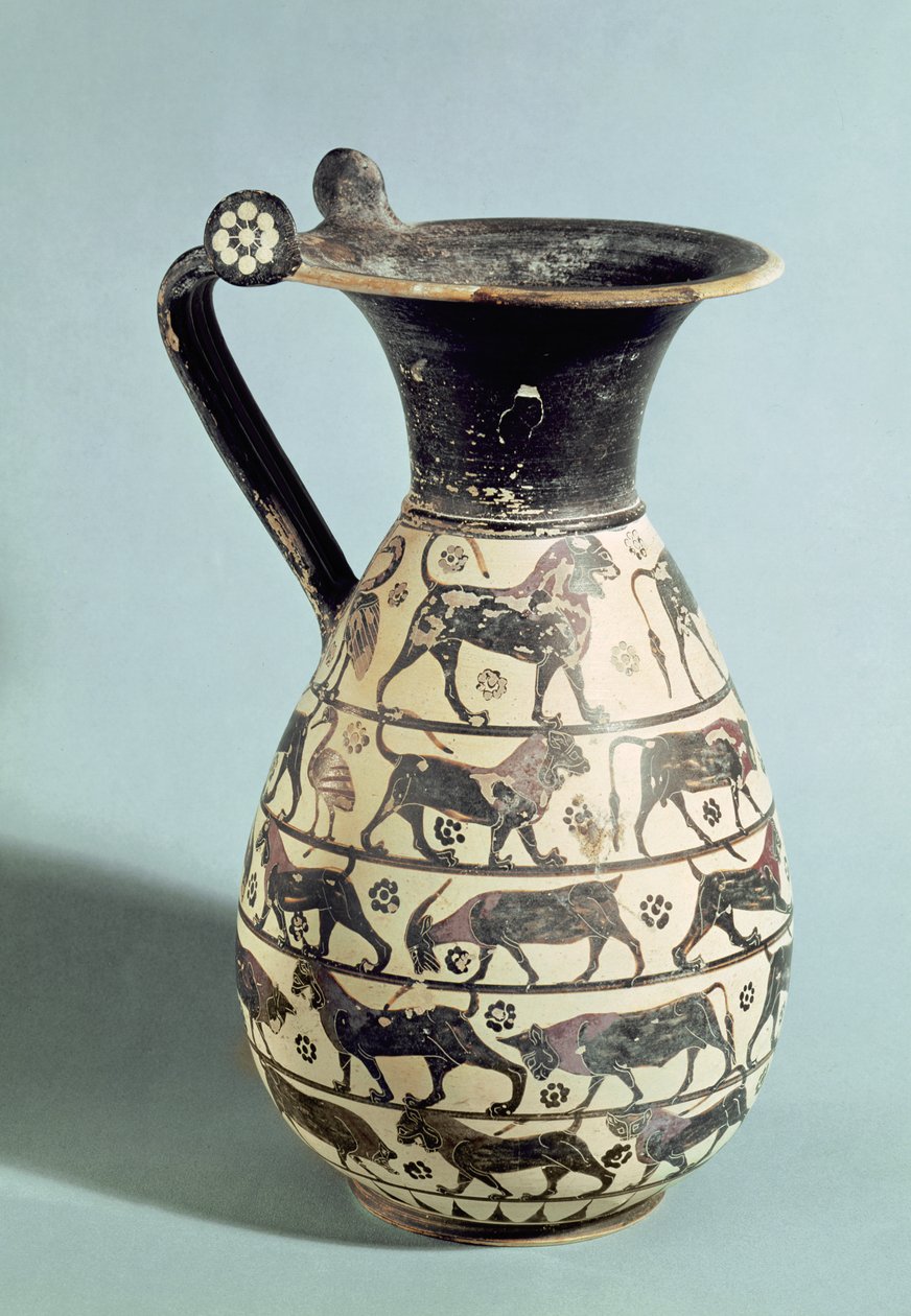 Corinthian oinochoe dekorerad med lejon, från Vulci, c.530-520 BC (keramik) av Greek