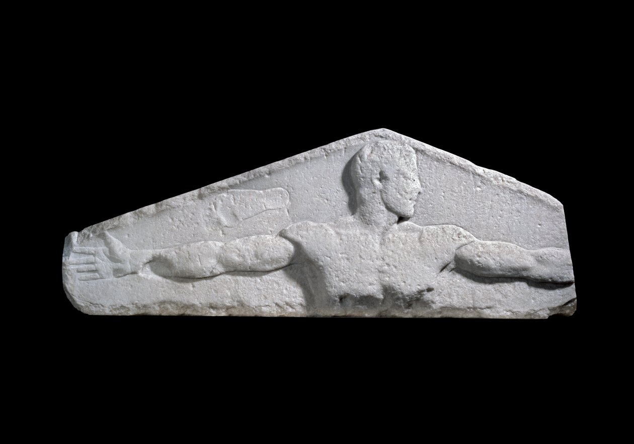 Metrologisk relief som ger en standardlängd på en famn (ungdomens utsträckta armar) och en fot, 460-450 f.Kr. (marmor) av Greek