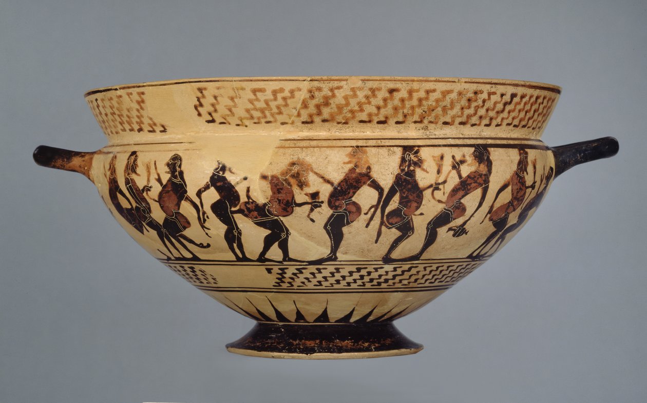 Mellankorintisk kopp dekorerad med sexton vadderade dansare eller Komasts, möjligen från Cerveteri, c.600-575 (keramik) av Greek