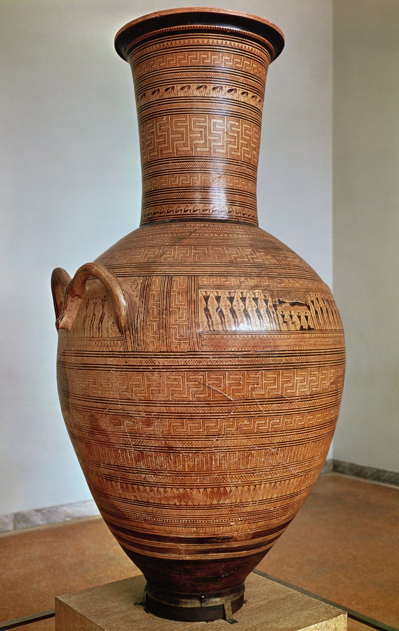 Dipylon amfora, gravurna i geometrisk stil från Kerameikos-nekropolis, Aten, ca 750 f.Kr. (terrakotta) (se även 88063). av Greek