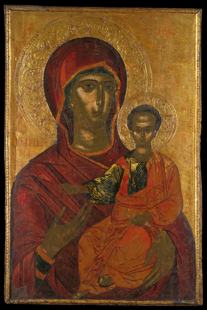 Iconostasis-ikon från en helgedomsskärm som visar Jungfru Hodegetria (äggtempera på panelen) av Greek School