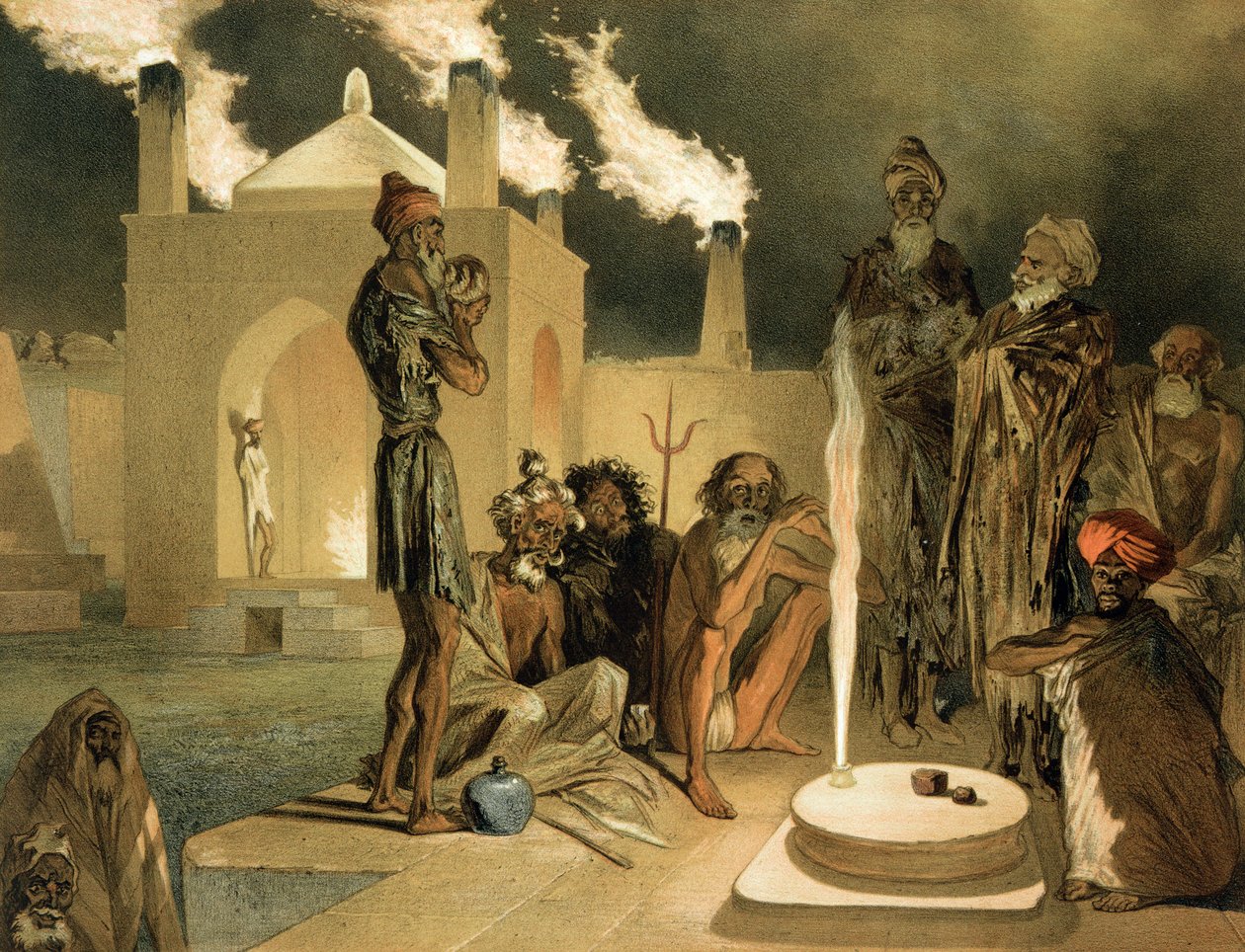 Ateseh-Gah, Indians Devoted to the Cult of Fire, Baku, skylt 44 från en bok om Kaukasus, graverad av Leroux, pub. av Alfred Leon Lemercier, 1847 av Grigori Grigorevich Gagarin