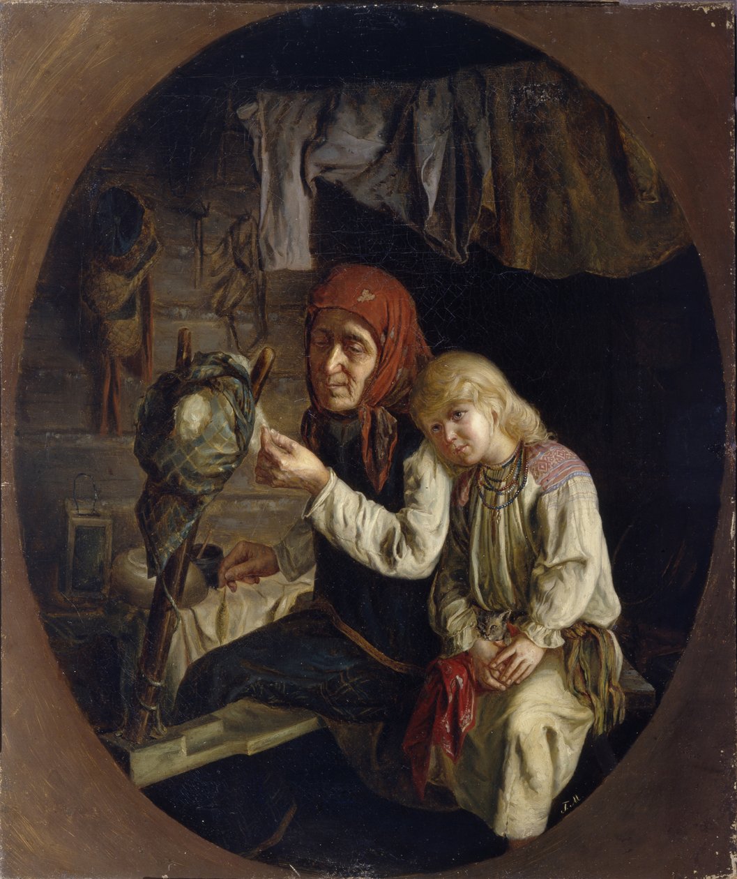 Spinning lektion, 1859 av Grigori Grigoryevich Myasoedov