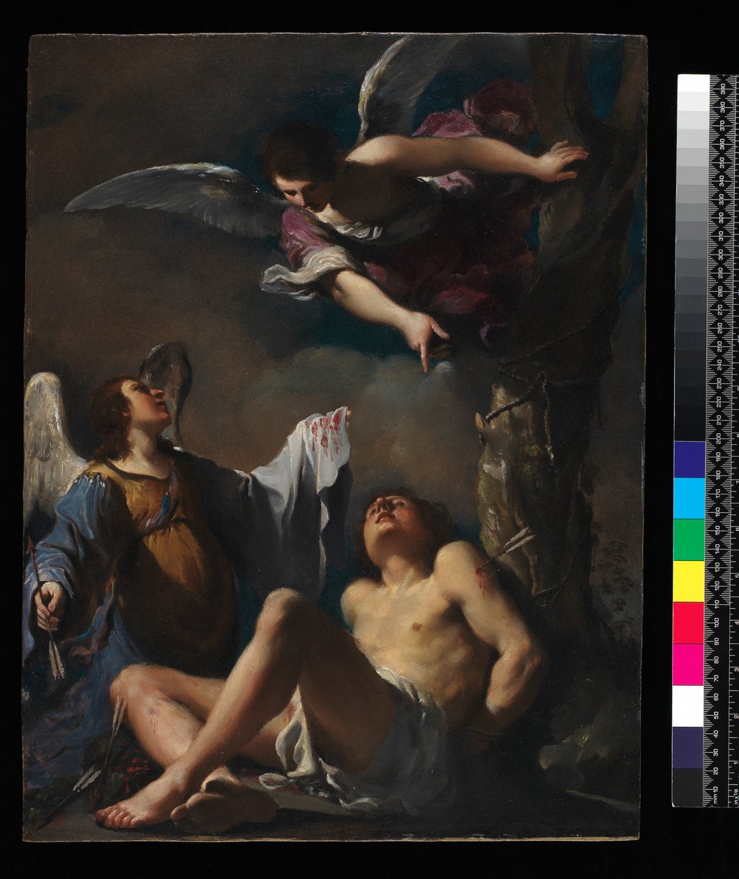 St. Sebastian understödd av två änglar, 1617 (olja på koppar) av Giovanni Francesco Barbieri