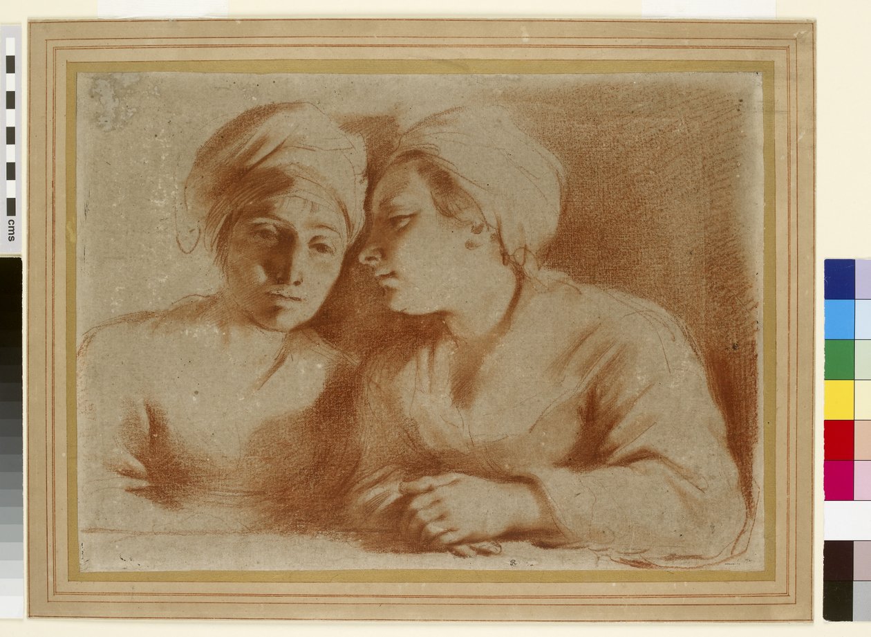 Två kvinnor i samtal, 1600-talet (röd krita på papper) av Giovanni Francesco Barbieri