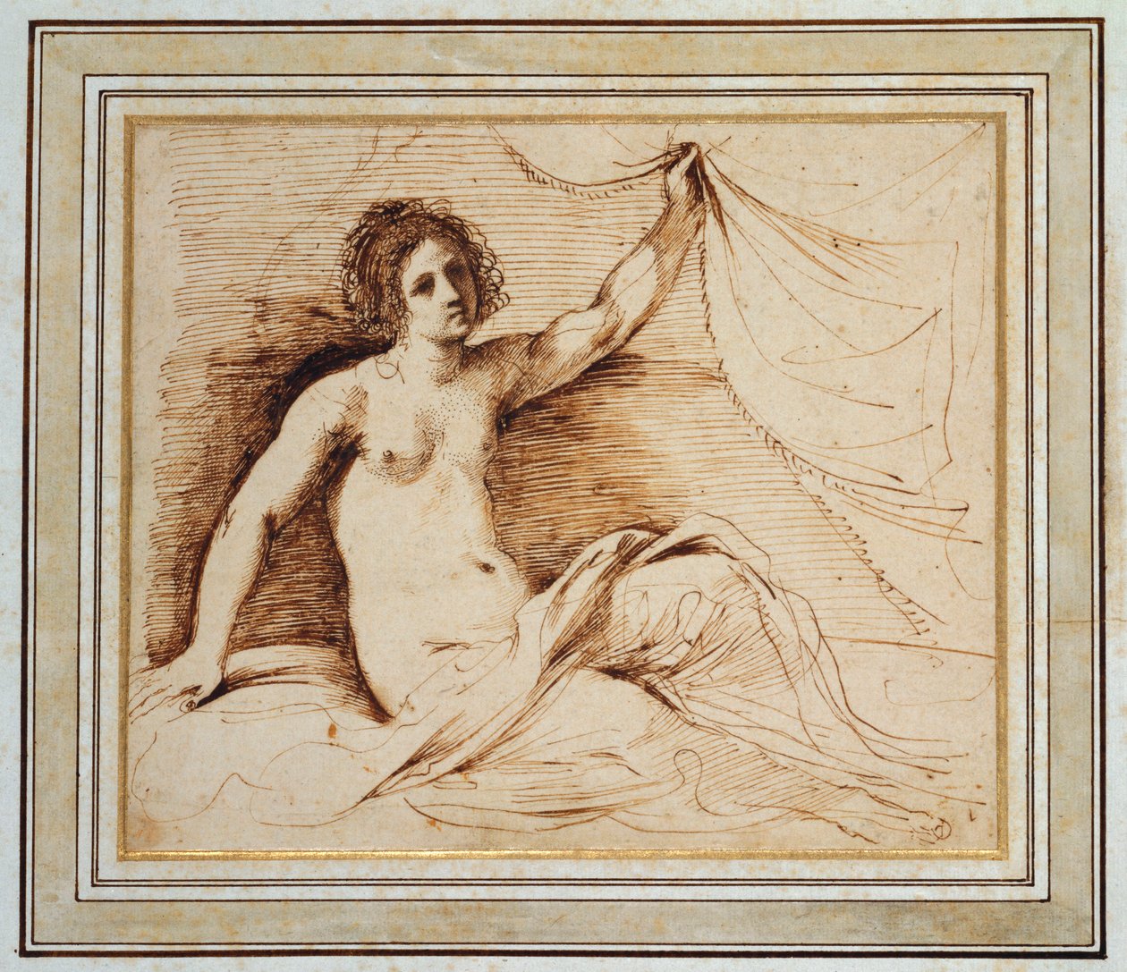 En liggande naken kvinna som lyfter en gardin av Guercino