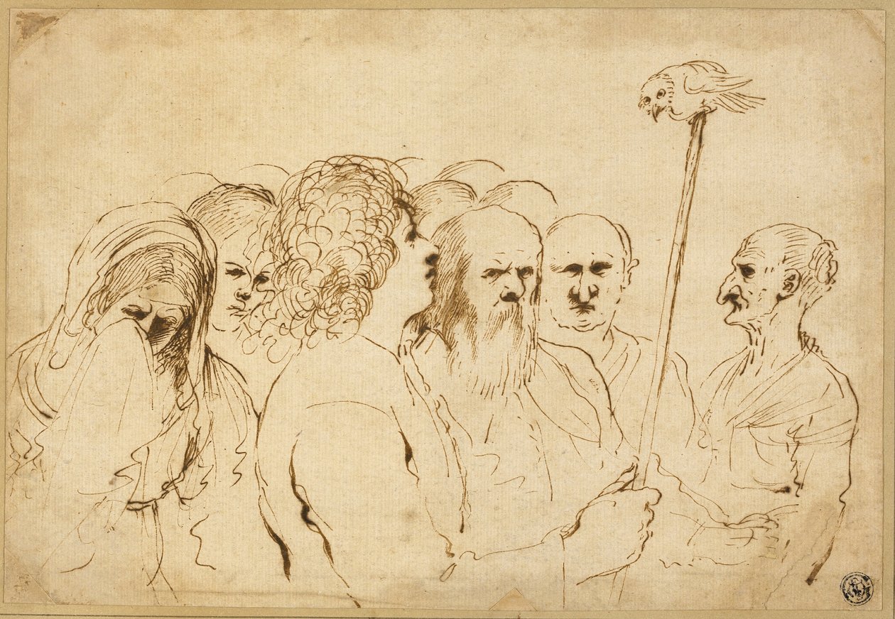 Grupp av figurer, med uggla på en stolpe av Guercino