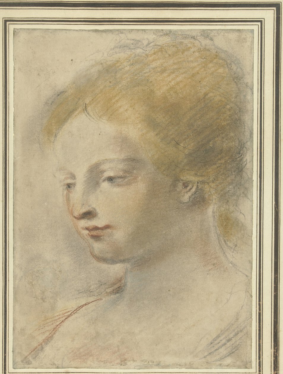 Huvudet på en ung kvinna, med nedslagna ögon av Guercino