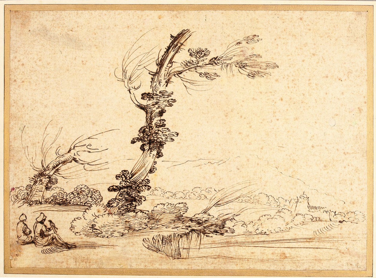 Landskap med falkonerare vid ett träd av Guercino