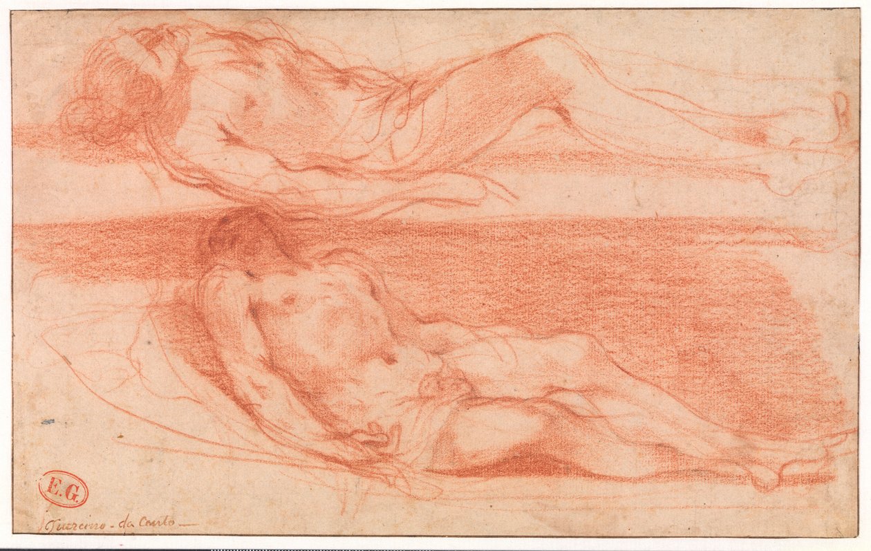 Två studier av en liggande halvnaken man av Guercino