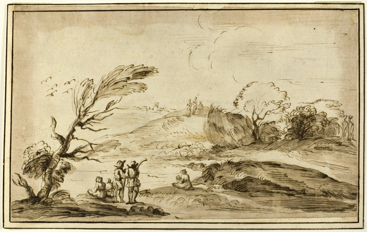 Två grupper av figurer i ett landskap av Guercino
