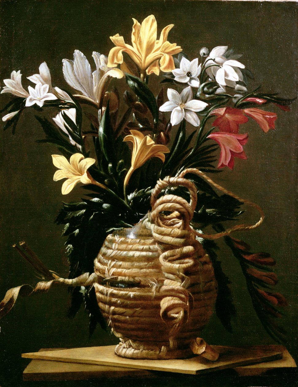Stilleben med blommor i en halmflaska av Guido Cagnacci