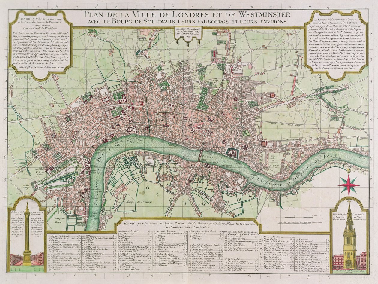 Plan över städerna i London och Westminster, 1727 (handfärgad gravyr) av Guillaume Danet