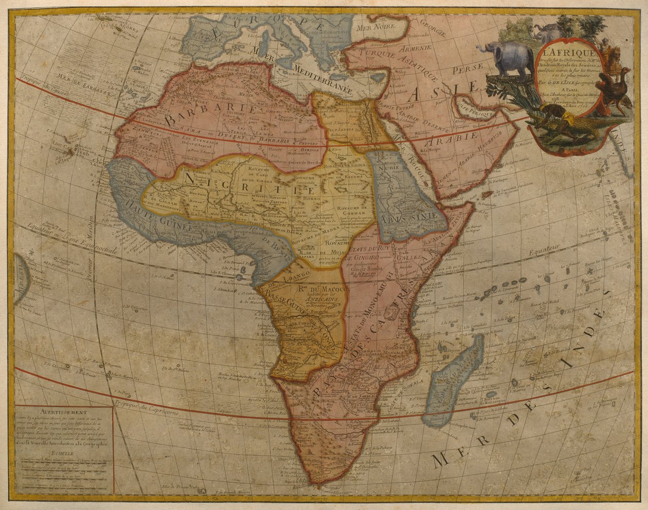 Karta över Afrika, publicerad 1700, Paris (färggravyr) av Guillaume Delisle
