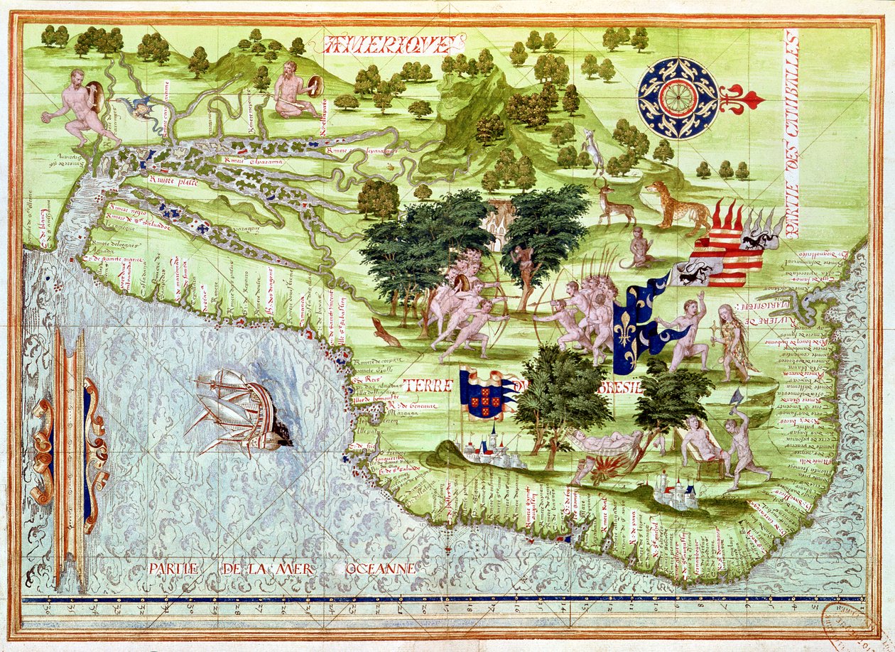 Fol.44v Karta över Brasilien, från "Cosmographie Universelle", 1555 av Guillaume Le Testu