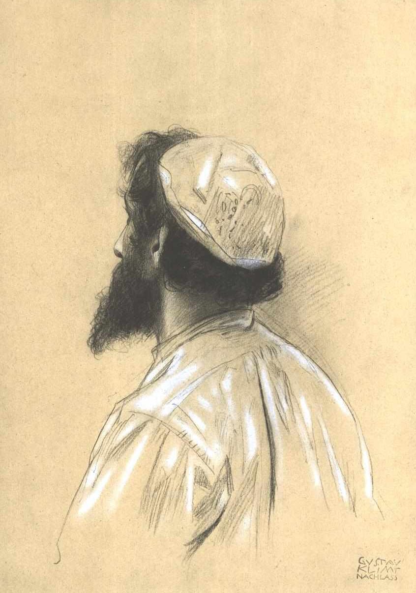 Bärtiger jüngerer Mann mit Kappe im verlorenen Profil nach links av Gustav Klimt