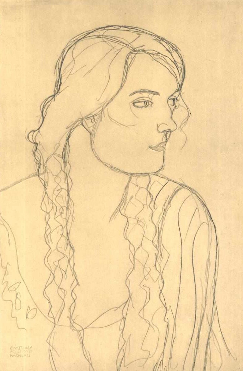 Brustbild eines Mädchen mit Zöpfen av Gustav Klimt