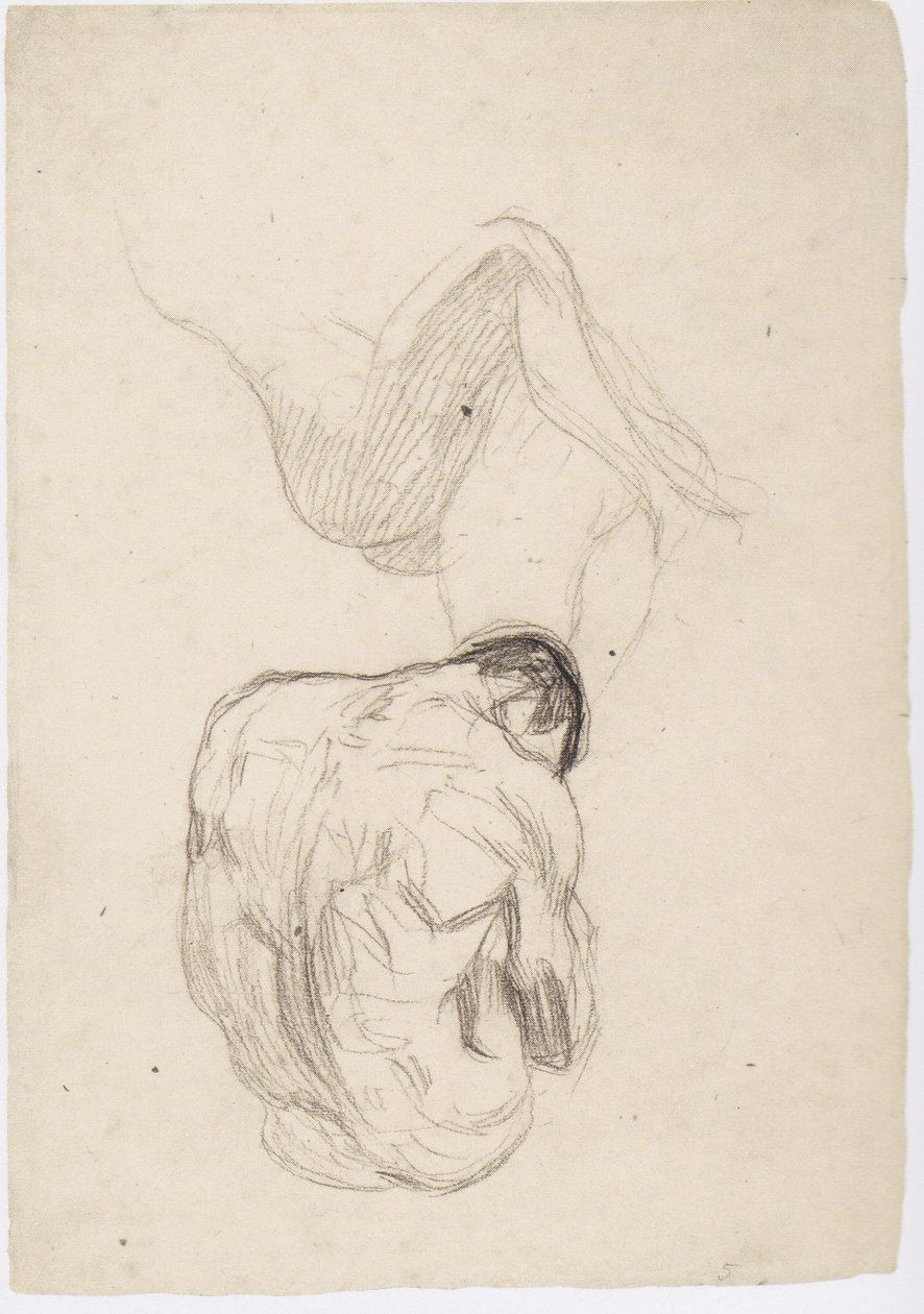 Detaljerad studie av ett omfamnande par, sitter manlig naken bakifrån av Gustav Klimt