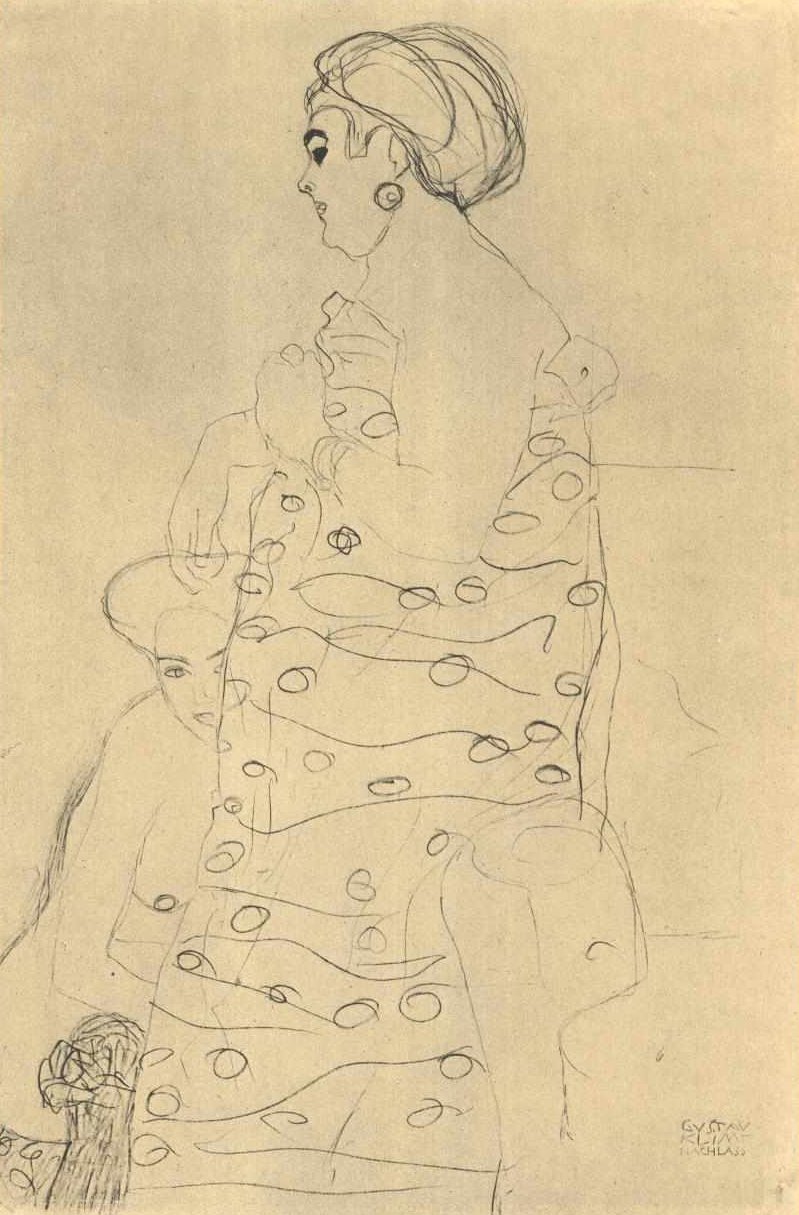 Dicke bekleidete Frau und Akt zu ihren Füssen av Gustav Klimt