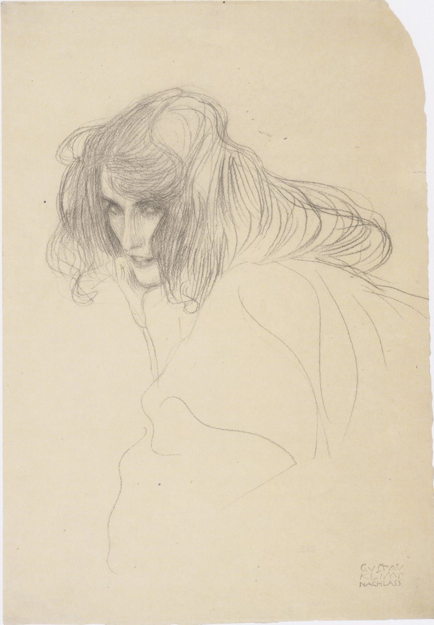 Kvinnans huvud i trekvartsprofil till vänster av Gustav Klimt