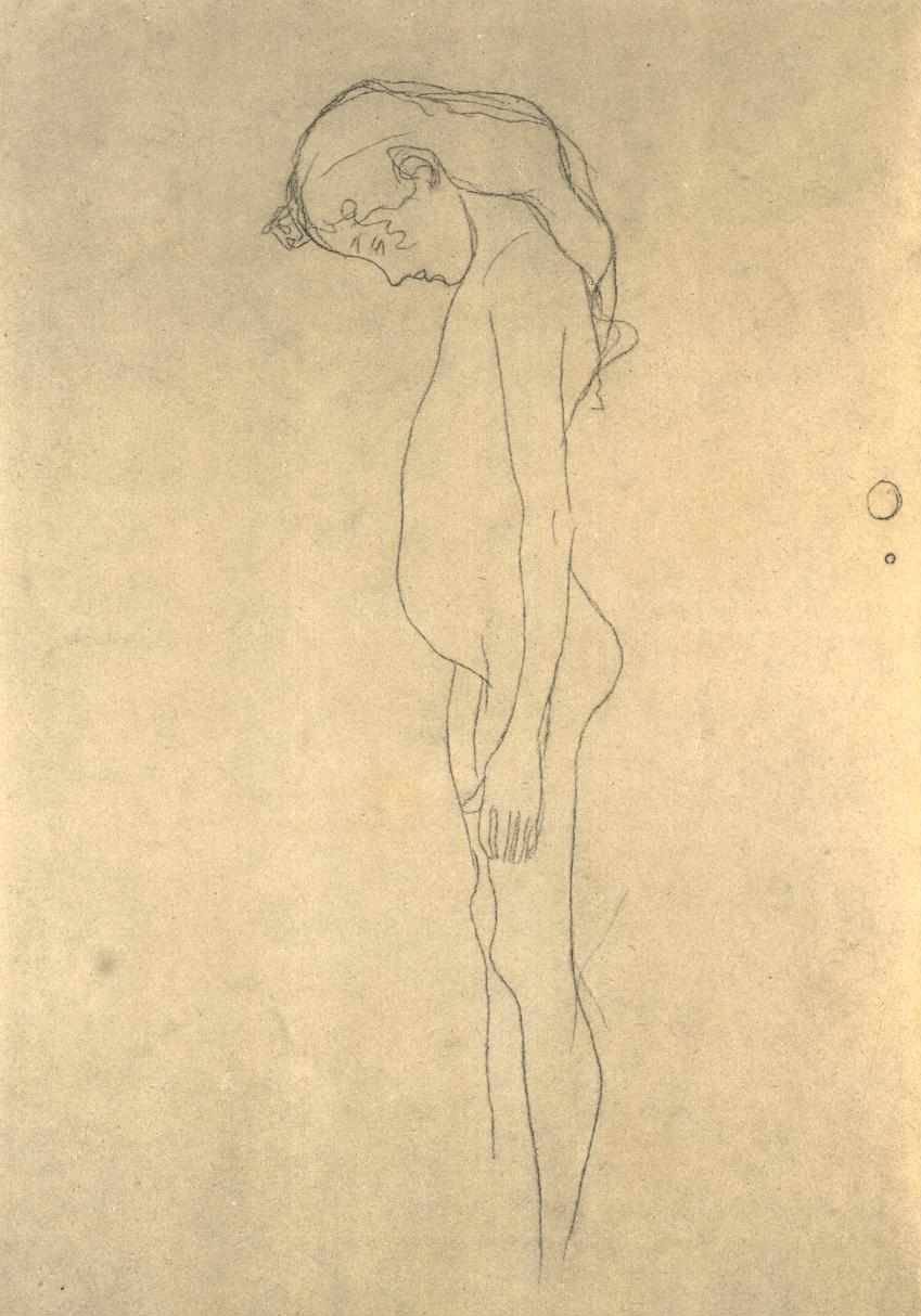 Naken flicka med sänkt huvud till vänster av Gustav Klimt