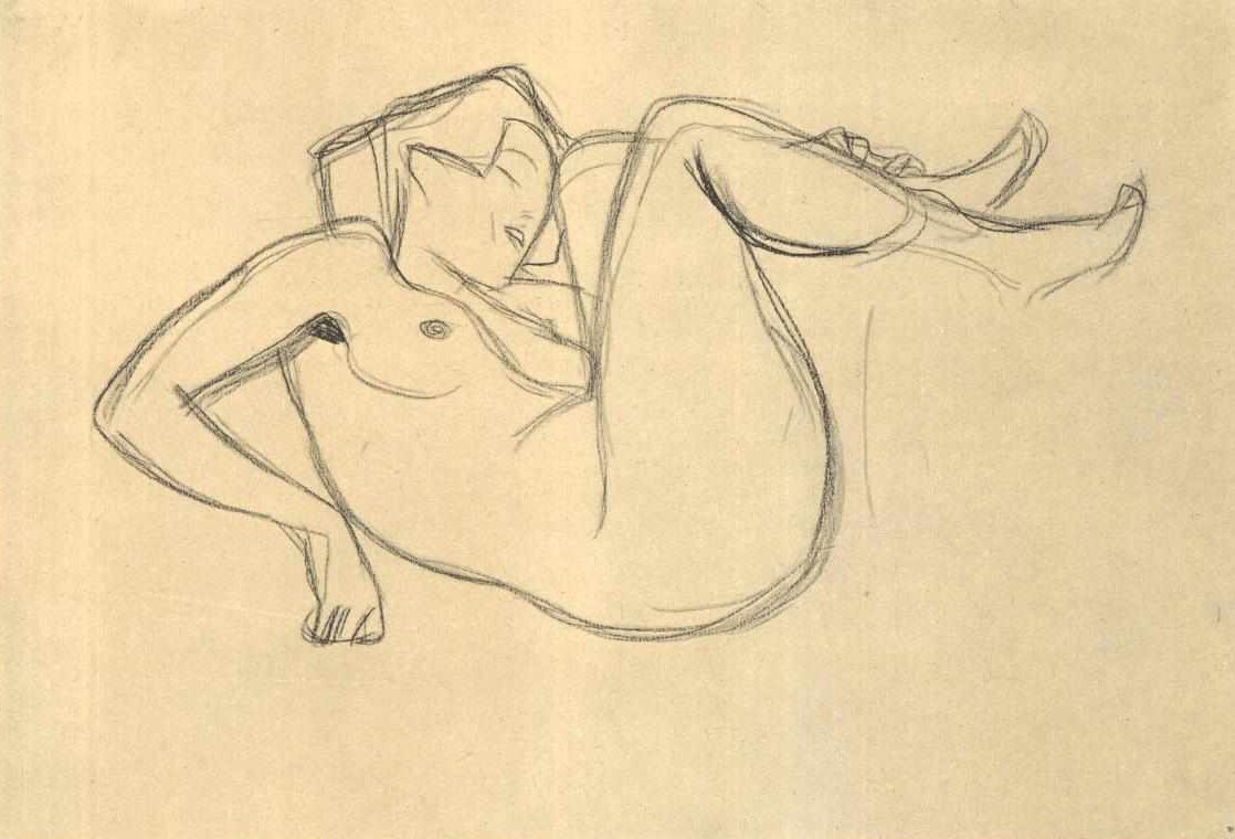 Mit angezogenen Schenkel kauernder Mädchenakt av Gustav Klimt