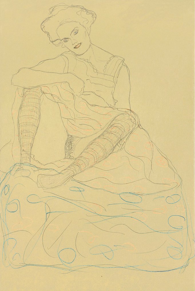 Mit gegrätschten Beinen sitzender Halbakt av Gustav Klimt