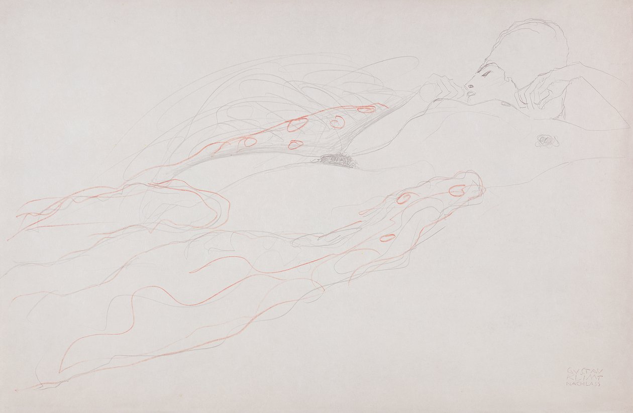 Liggande naken (penna och färgkrita på papper) av Gustav Klimt
