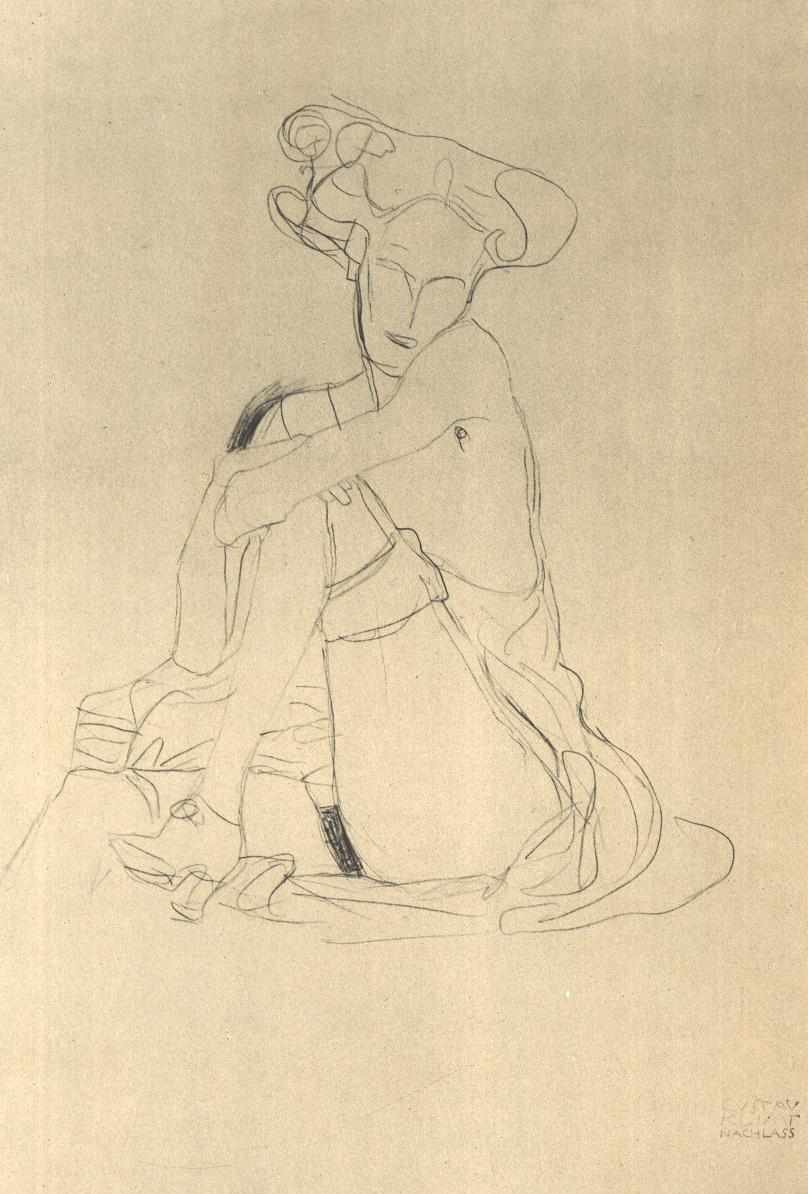 Sitzende Frau mit aufgestützen linken Bein av Gustav Klimt
