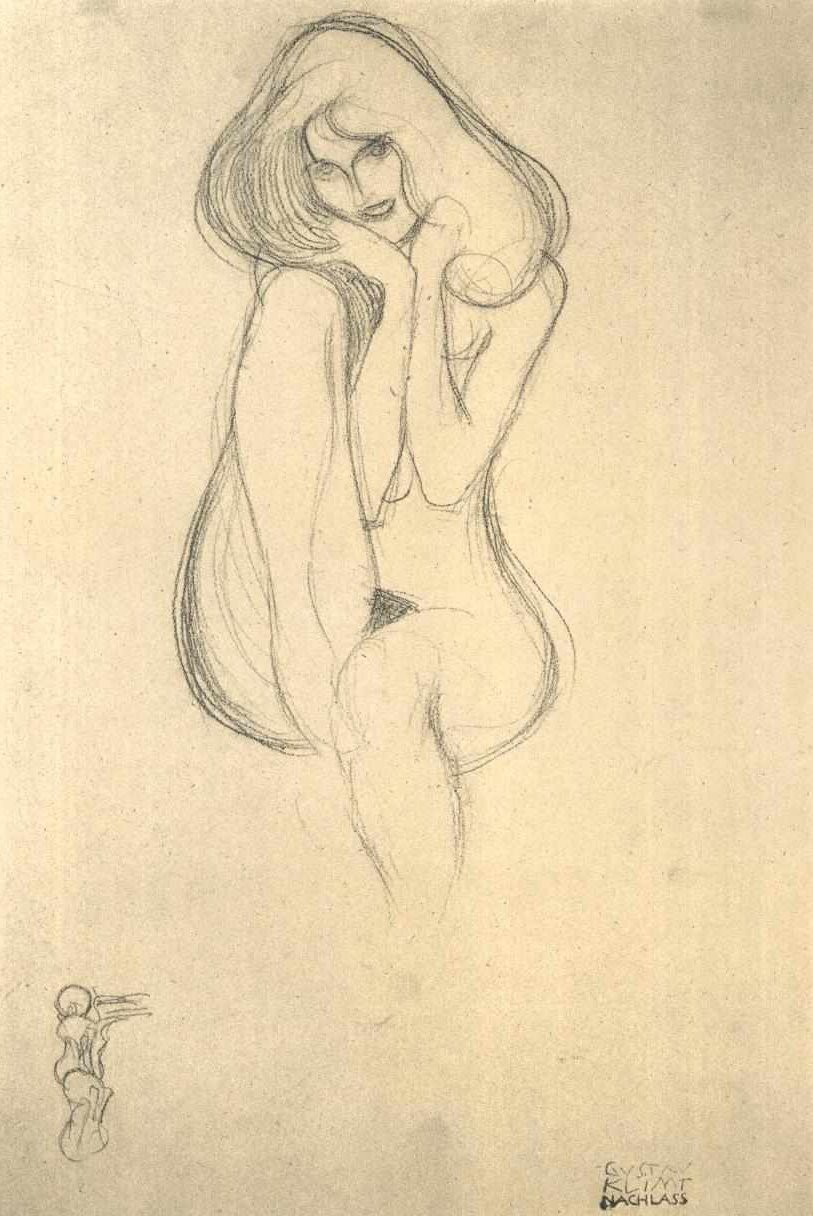 Sitzender Frauenakt von vorne av Gustav Klimt